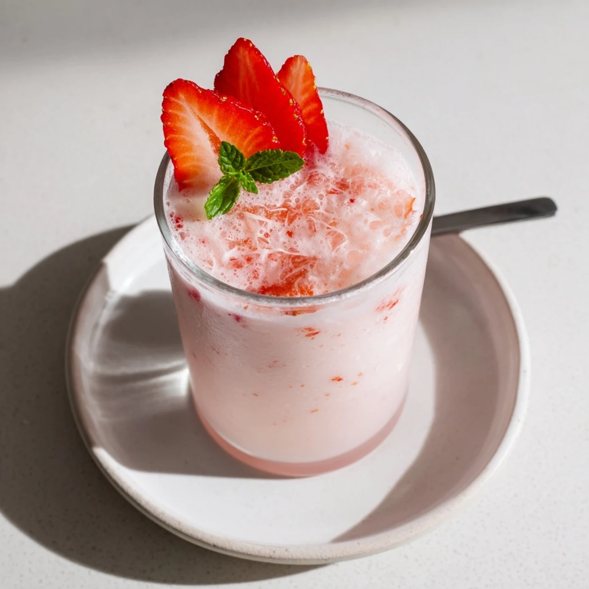 Frothy Strawberry Coconut Cooler recipe poured into chilled glasses, garnished with mint  