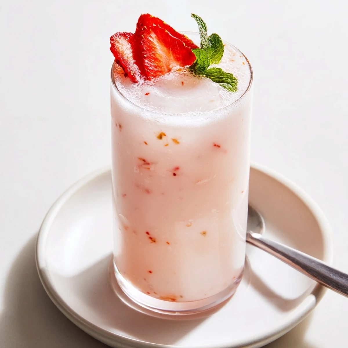 Bright Strawberry Coconut Cooler topped with strawberry slices and fragrant mint sprigs
