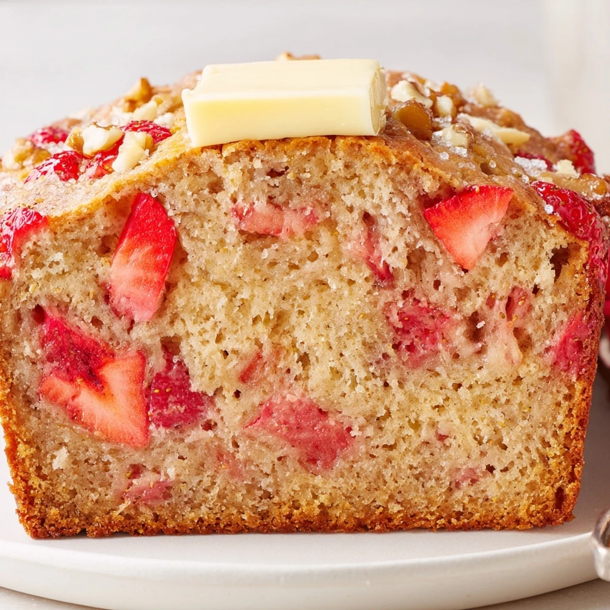 Strawberry Banana Bread Recipe: warm loaf sliced, sweet berries and banana aroma