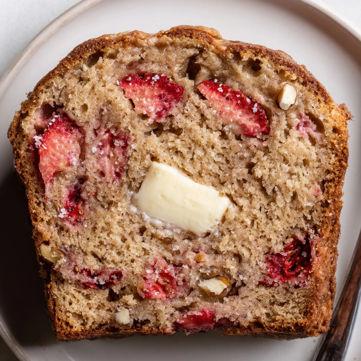 Homestyle Strawberry Banana Bread Recipe loaf studded with red strawberries, golden crumb