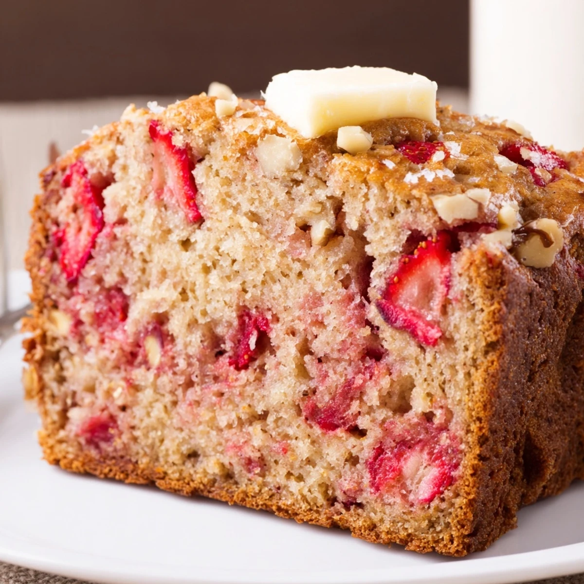 Freshly baked Strawberry Banana Bread Recipe cooling on rack, buttery crust