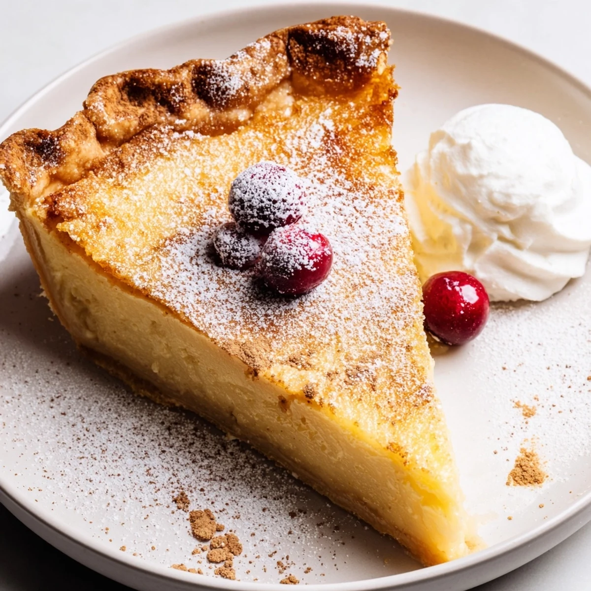 Close up slice of Christmas Eve Custard Pie With Cinnamon Vanilla, velvety wobbly center  