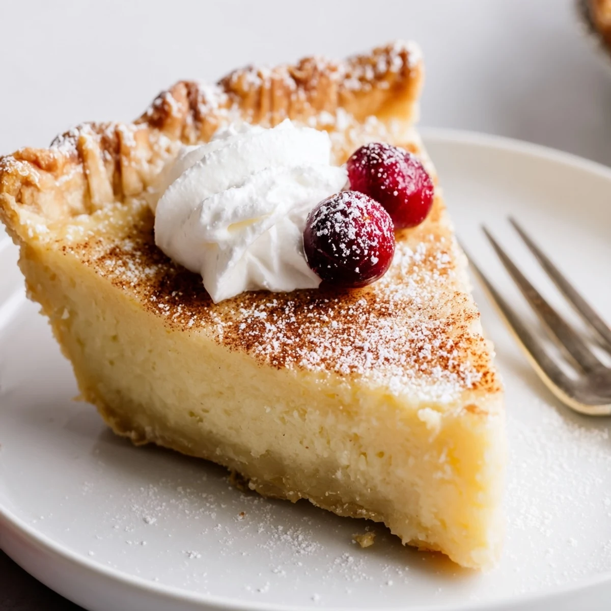 Christmas Eve Custard Pie With Cinnamon Vanilla served with whipped cream and cranberries