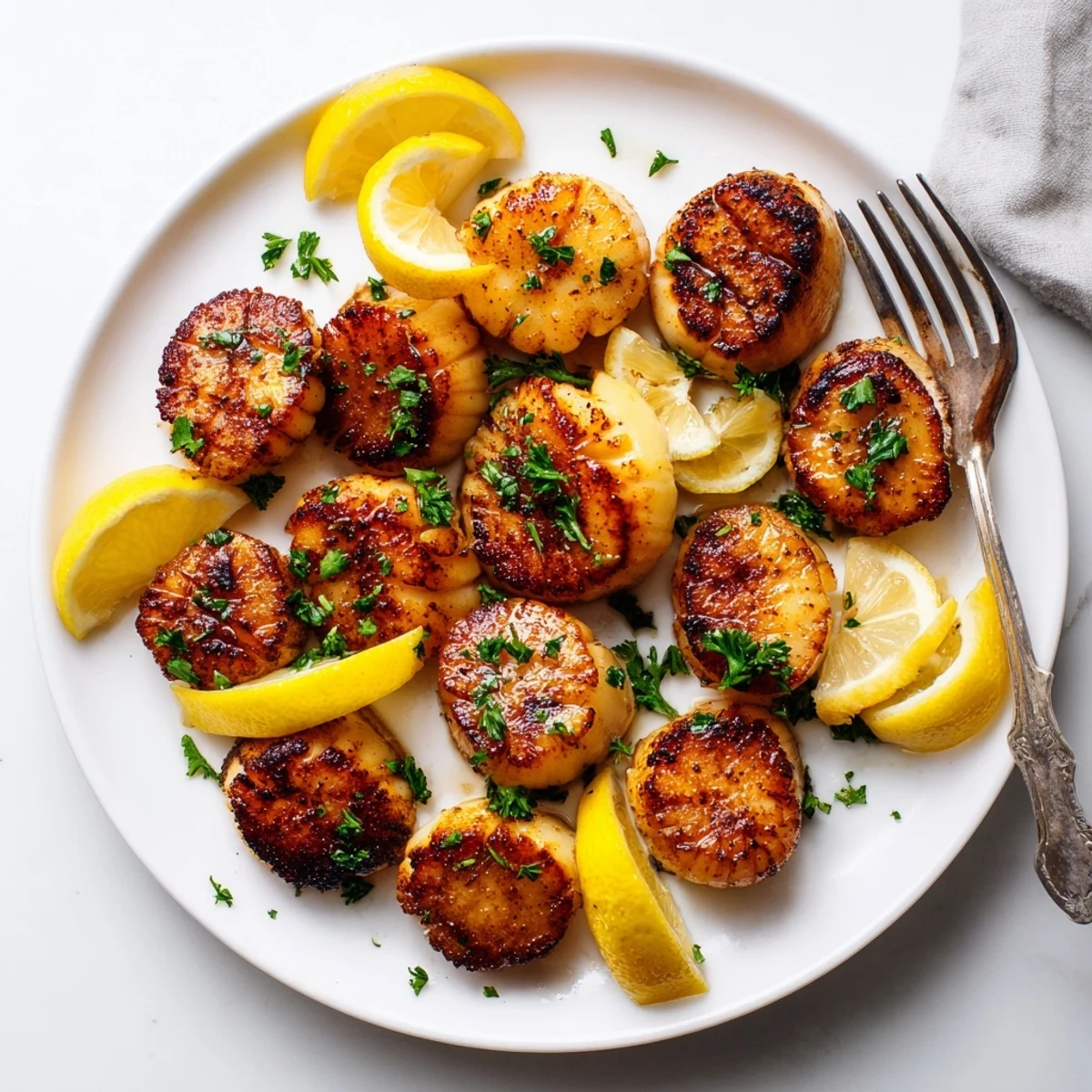 Golden-brown grilled scallops recipe garnished with fresh lemon wedges and green parsley on a white serving platter
