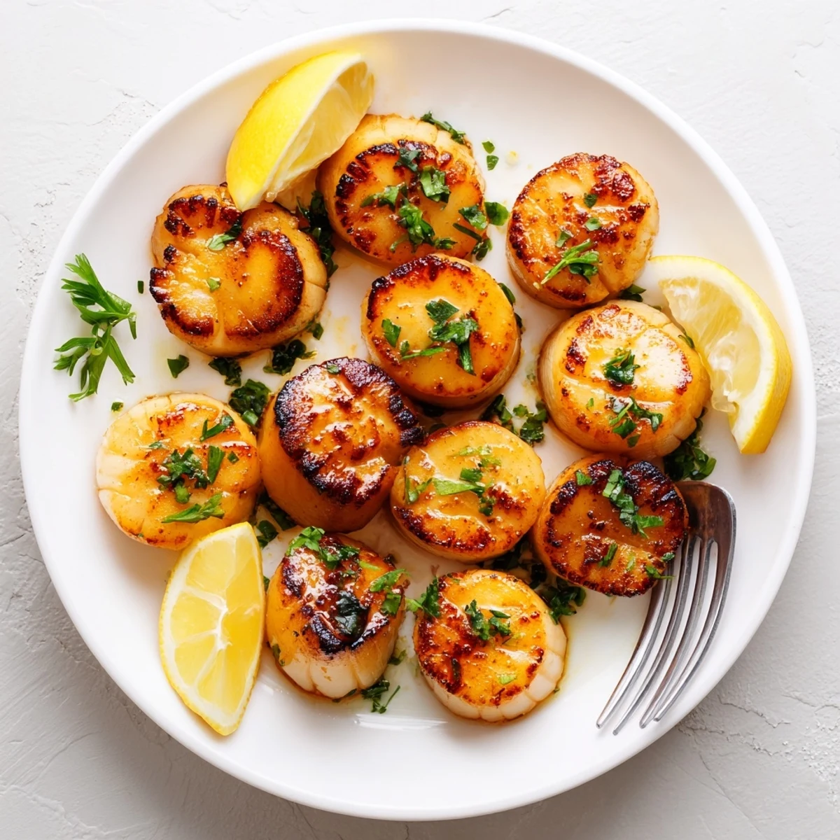 Perfectly seared scallops recipe showing caramelized grill marks and herb marinade glistening under natural lighting