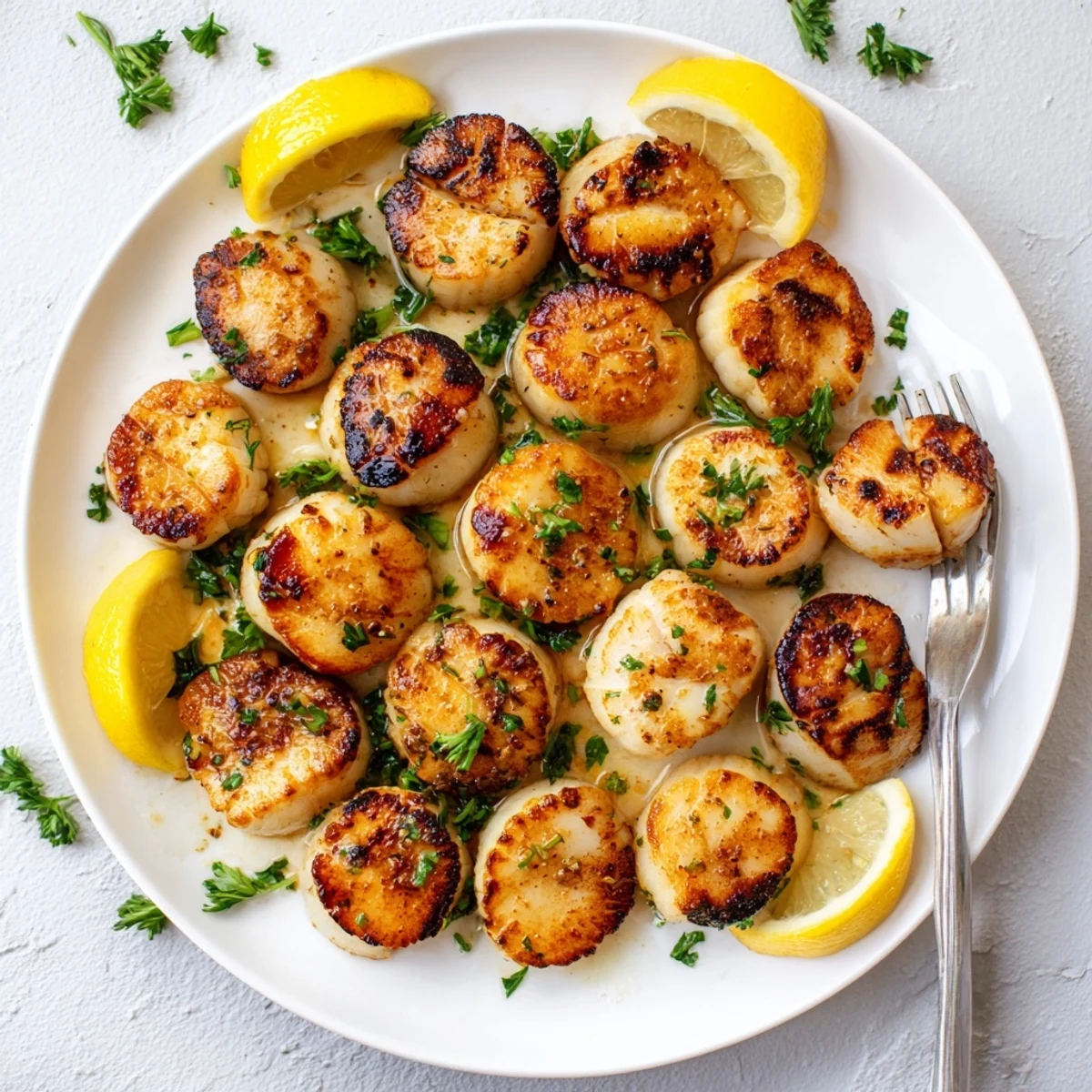 Close-up of tender grilled scallops recipe arranged elegantly with bright citrus slices and chopped herbs
