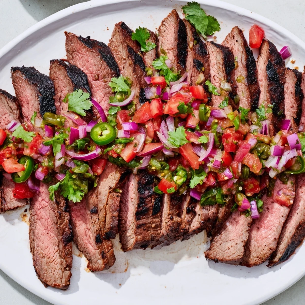 Juicy spiced grilled flank steak recipe served with fresh charred poblano pepper pico on a white platter