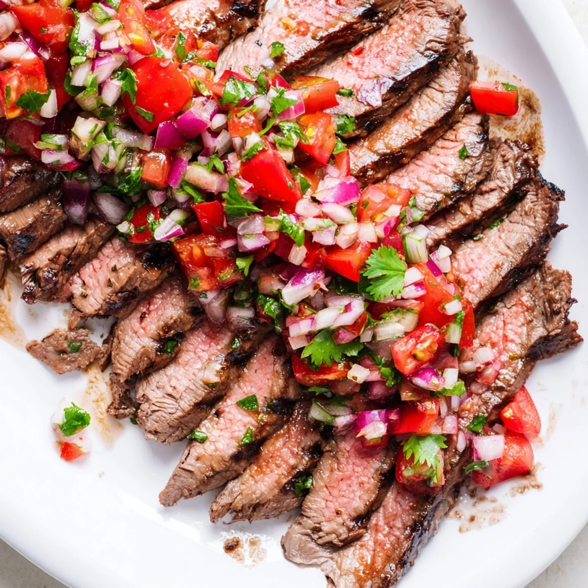 Perfectly grilled flank steak sliced thin against the grain topped with vibrant poblano pico de gallo