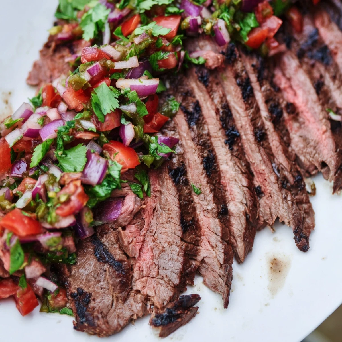 Sliced grilled flank steak with smoky poblano pico de gallo garnish ready for summer dinner entertaining