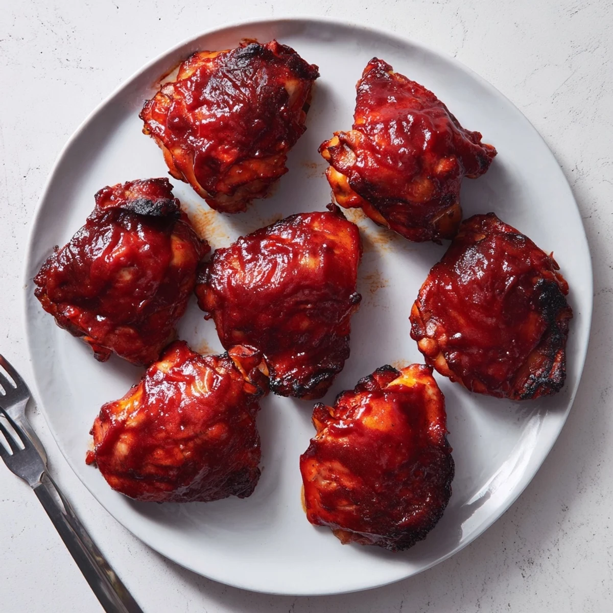 Tender barbecue chicken thighs coated in rich smoky sauce, freshly grilled and garnished with chopped parsley