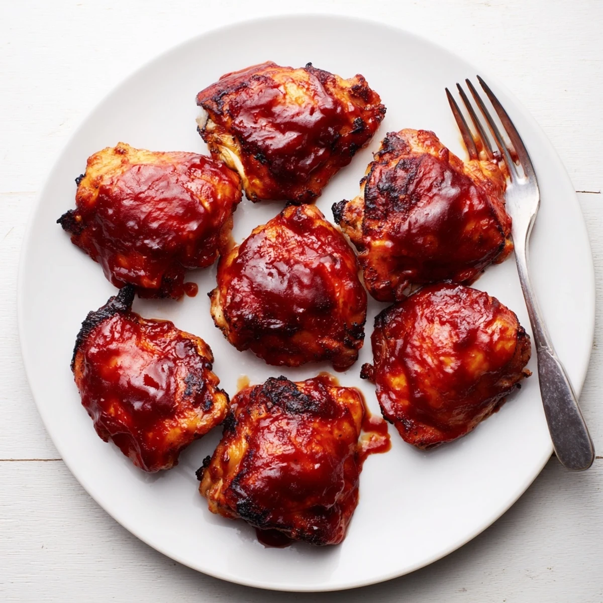 Golden glazed BBQ chicken thighs resting on a platter with glossy caramelized sauce edges and grill marks