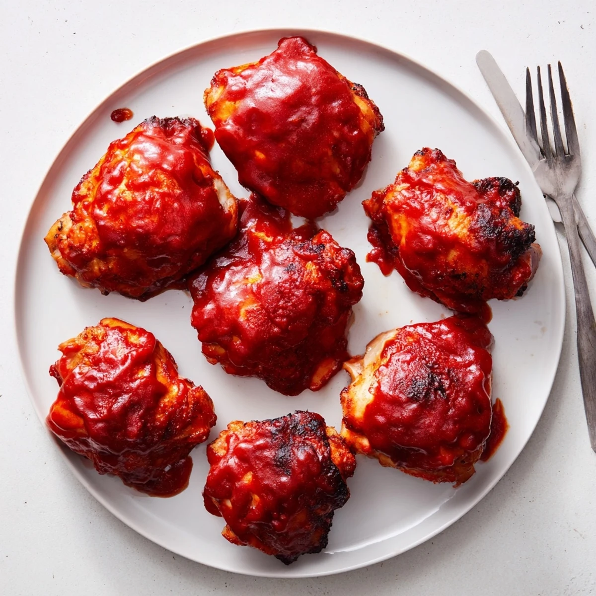 Mouthwatering BBQ chicken thighs with sticky sweet and tangy glaze, perfect summer dinner piled on a white serving plate