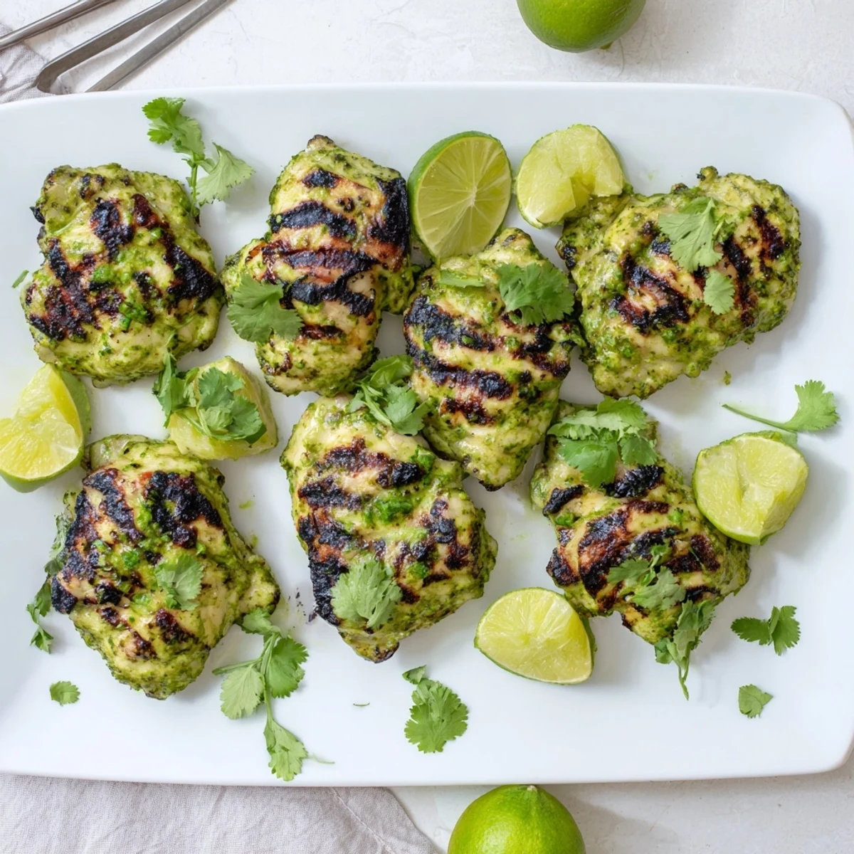 Golden grilled chicken thighs garnished with fresh cilantro and lime wedges on a white platter