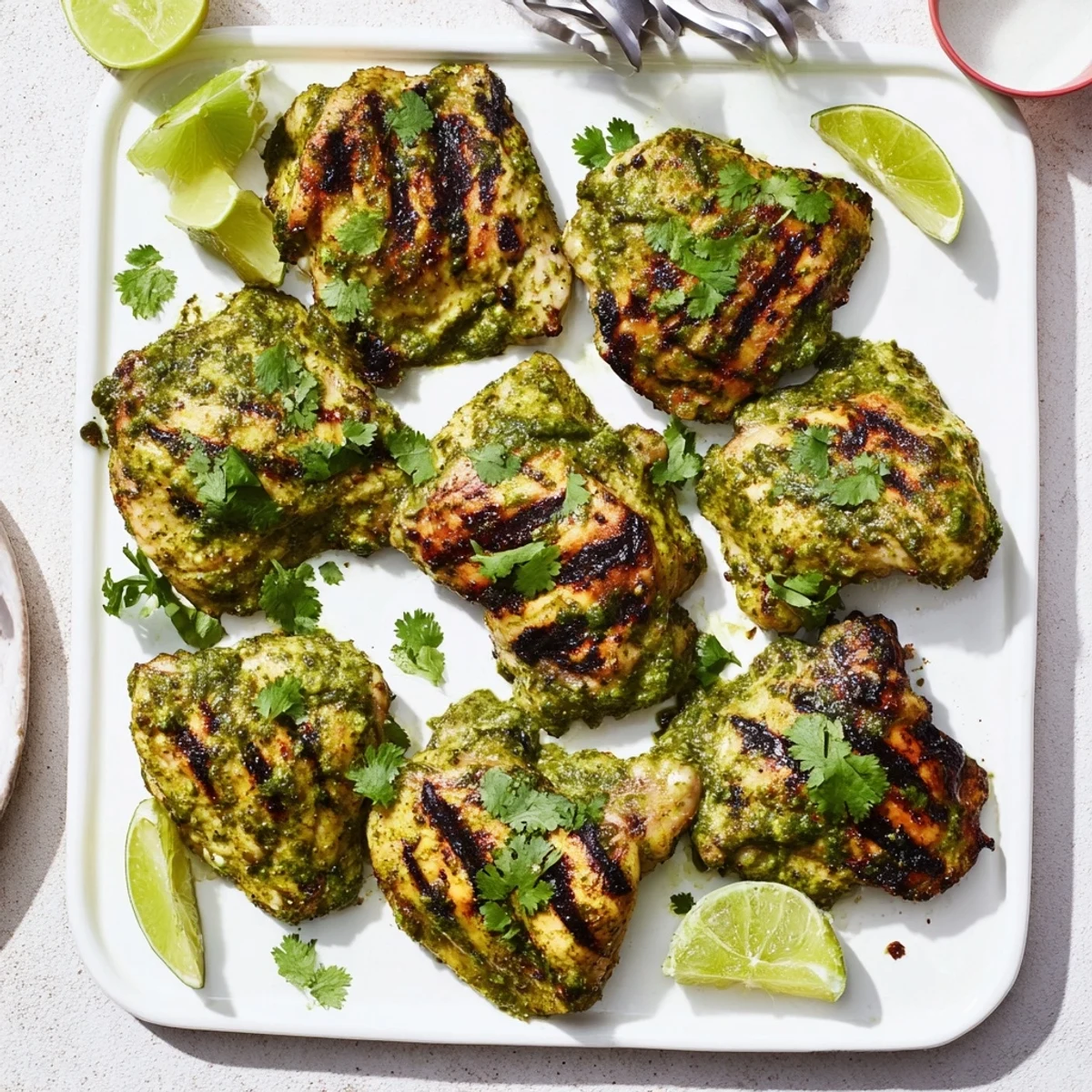Juicy cilantro lime chicken thighs displaying beautiful char marks from the grill on a serving dish