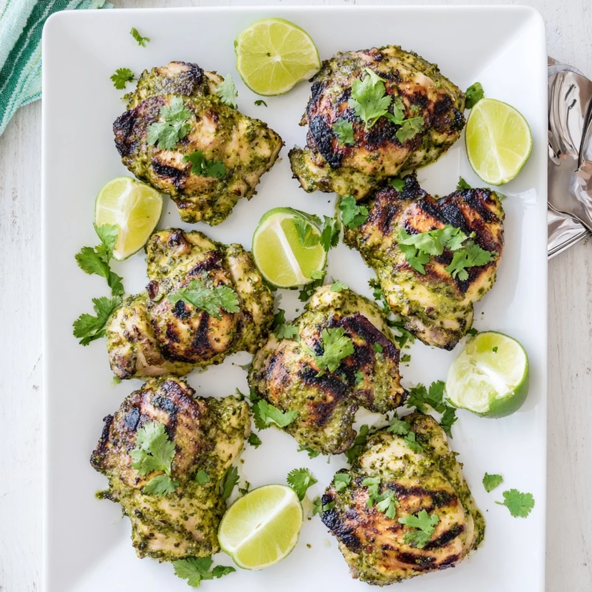 Perfectly grilled chicken thighs marinated in zesty lime and cilantro served with citrus garnish