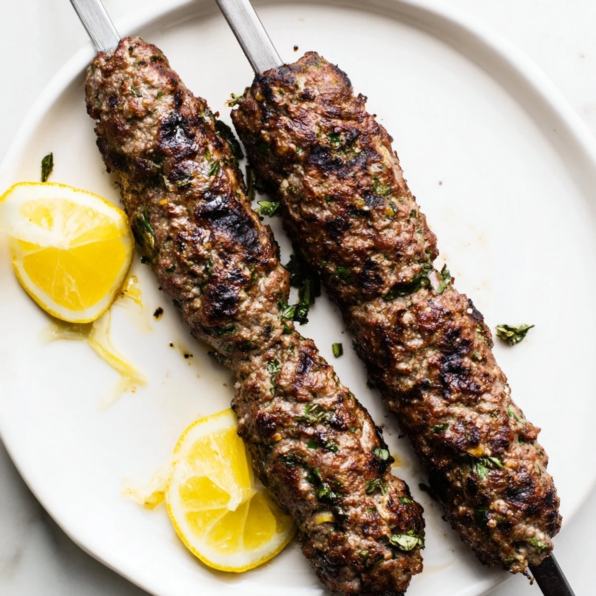 Golden brown Lamb Kofta Kebabs on skewers with fresh herbs and charred grill marks