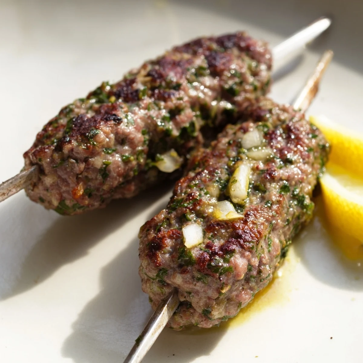 Juicy grilled Lamb Kofta Kebabs served with lemon wedges and fluffy white rice