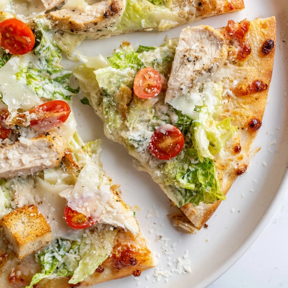 Golden chicken Caesar salad pizza topped with fresh romaine, shaved Parmesan, and crispy croutons