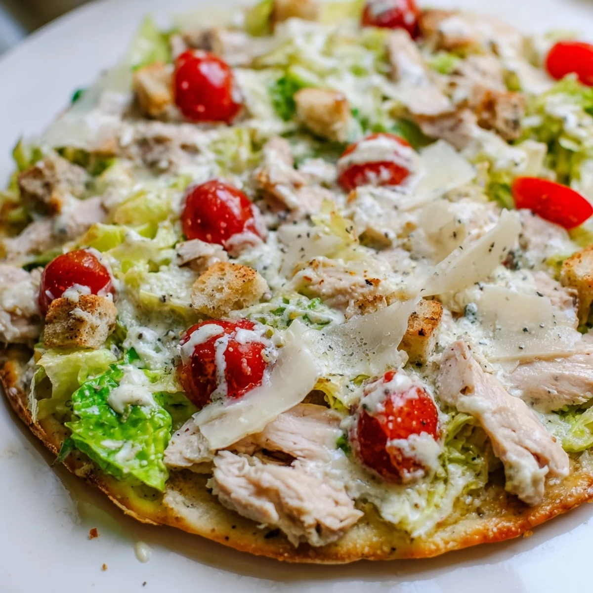 Sliced chicken Caesar salad pizza bubbling with melted mozzarella and finished with crisp lettuce
