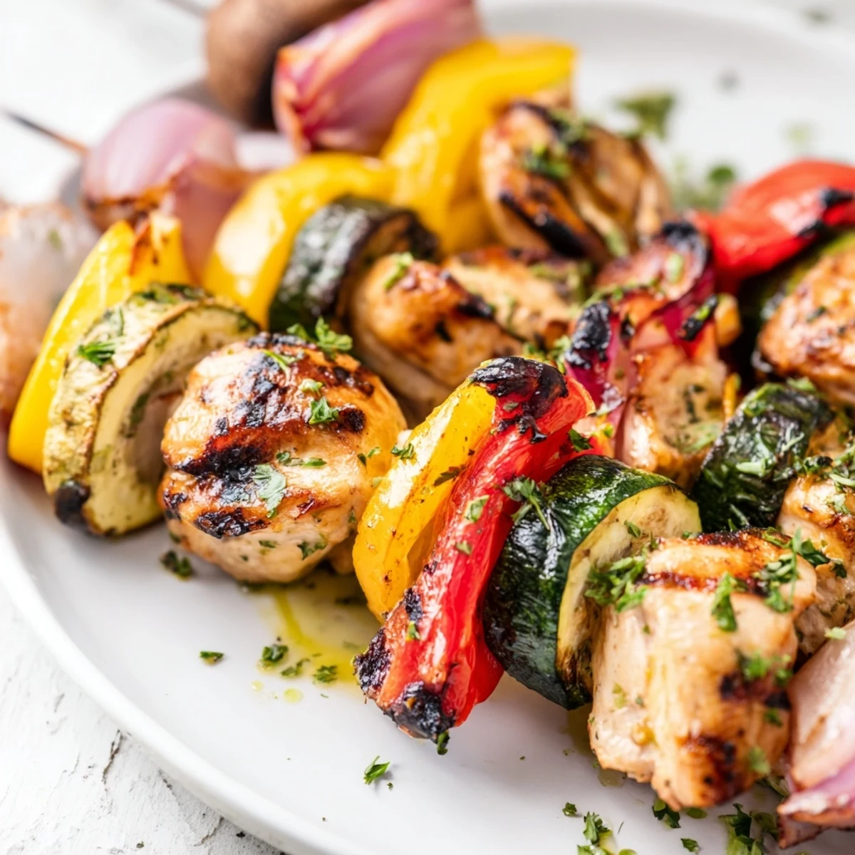 Golden grilled chicken kabobs with vegetables recipe featuring charred peppers onions and zucchini on skewers