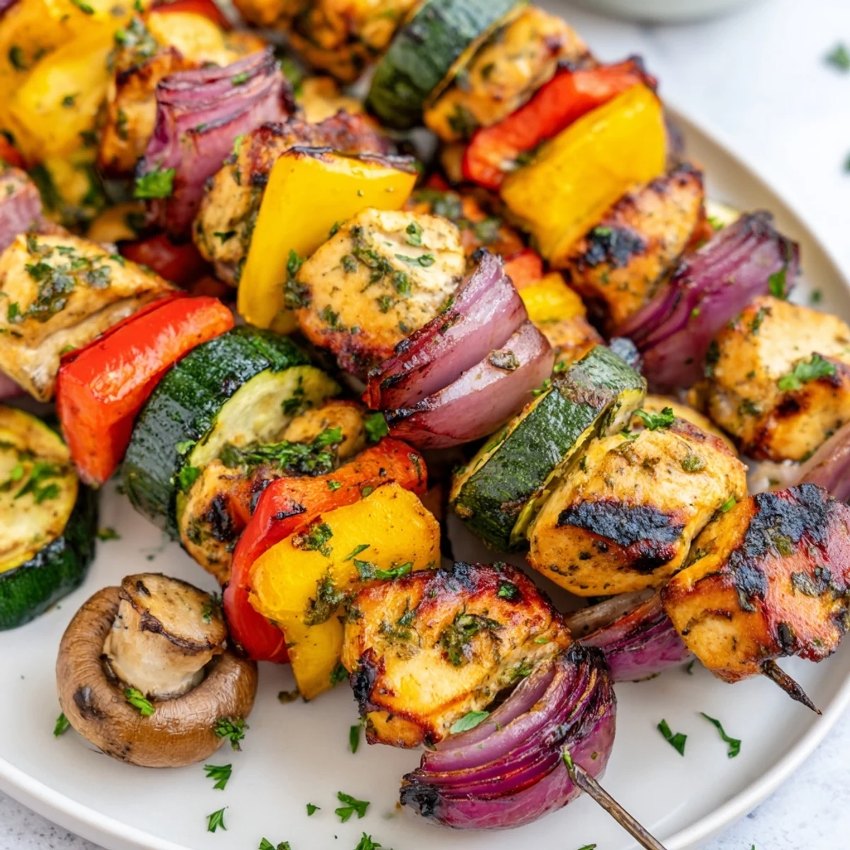 Mediterranean grilled chicken kabobs with vegetables recipe arranged on a white platter with fresh lemon wedges