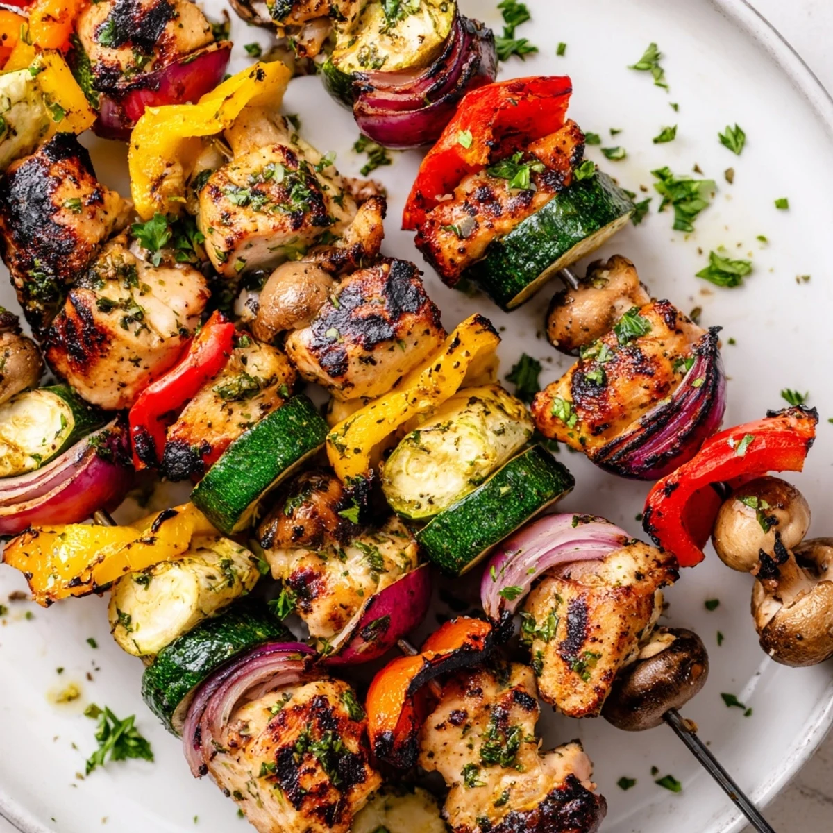 Juicy marinated grilled chicken kabobs with vegetables recipe displaying colorful bell peppers mushrooms and red onions