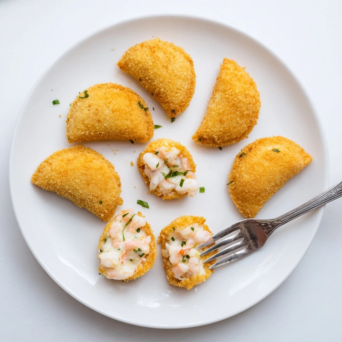 Golden brown Portuguese shrimp rissois with crispy breadcrumb coating and creamy filling