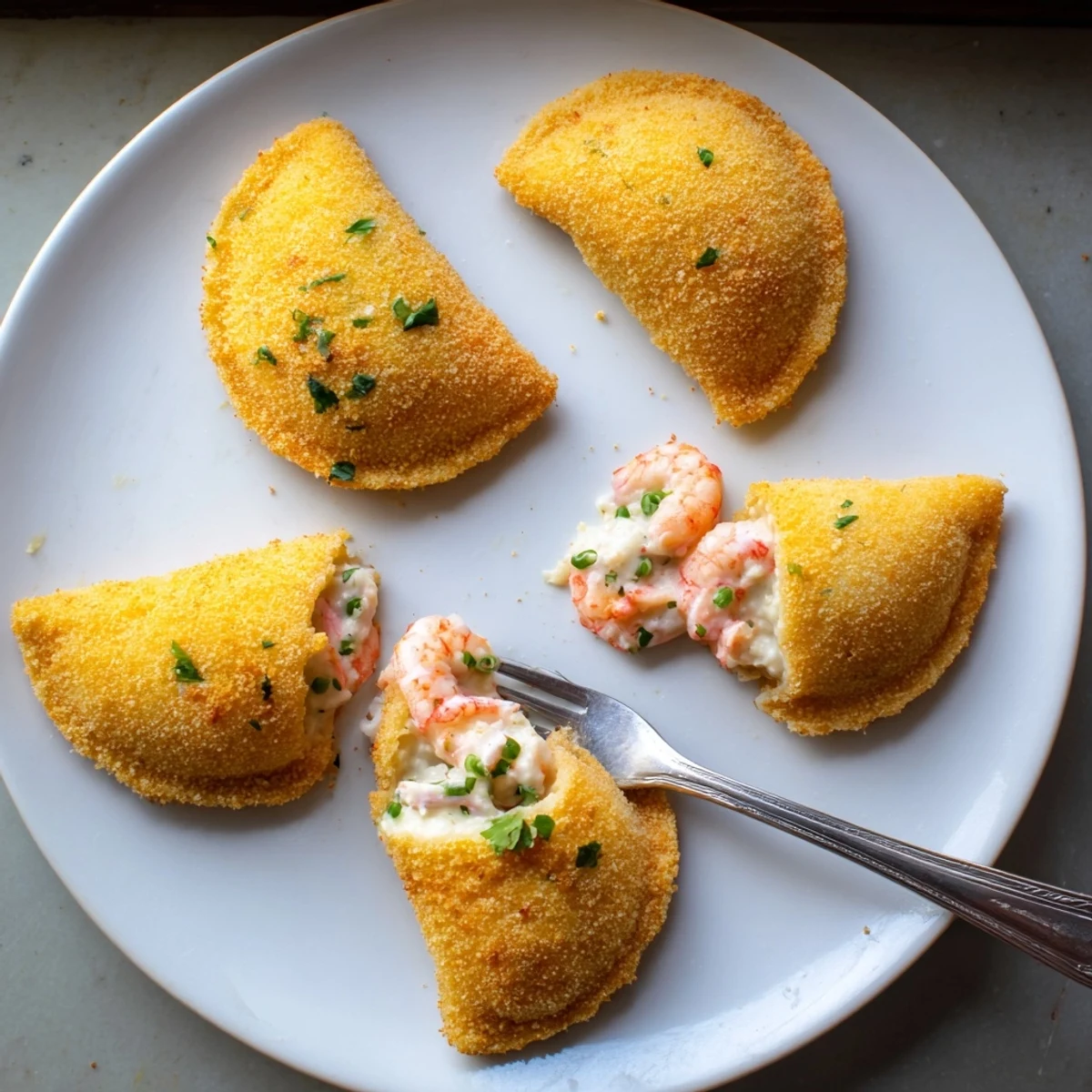 Crispy fried Portuguese shrimp rissois appetizers served on white plate with lemon wedges