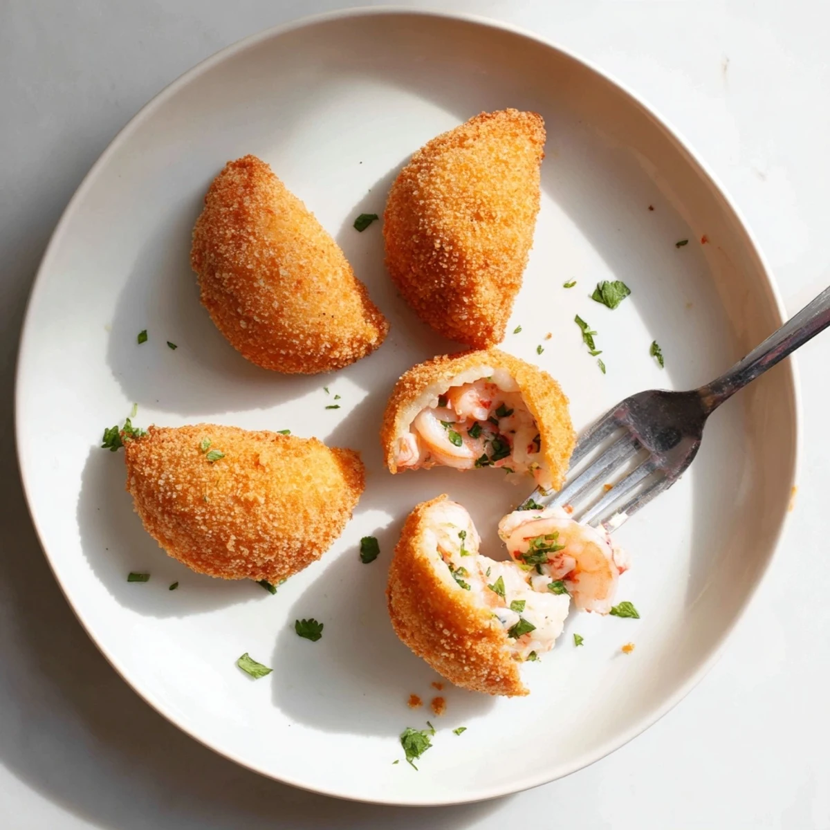 Homemade Portuguese shrimp rissois showcasing golden crust and savory seafood béchamel center