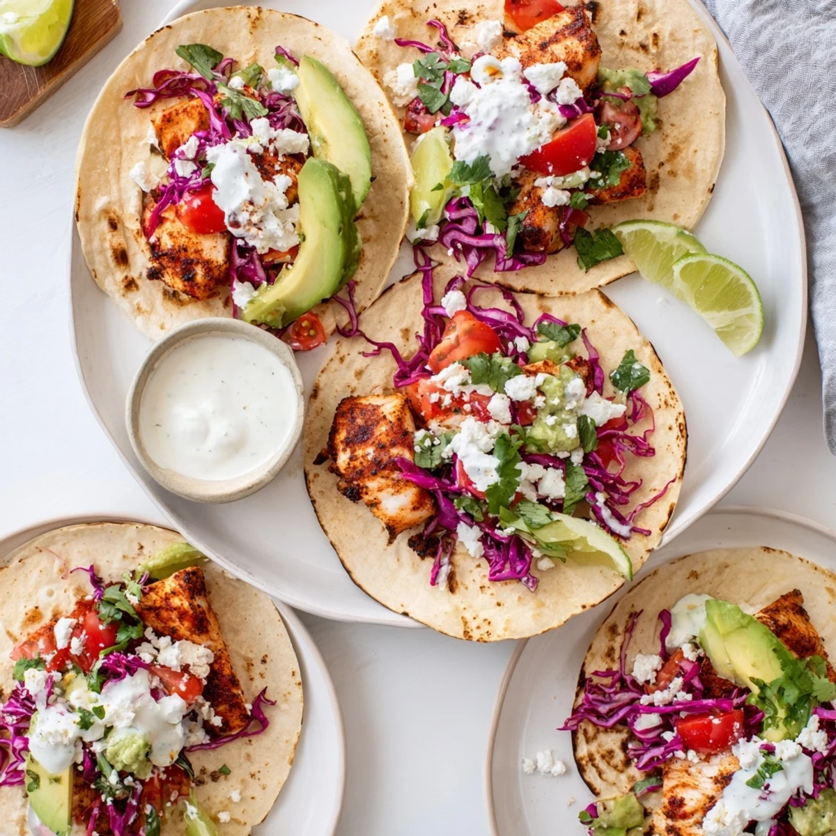 Grilled fish cilantro tacos piled high with fresh cabbage, creamy avocado, and zesty lime