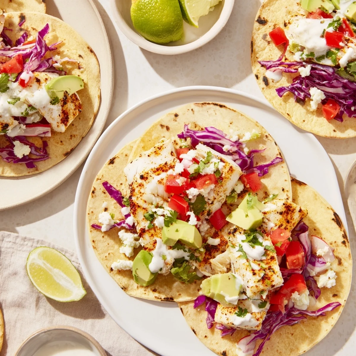 Mexican-style fish tacos featuring char-grilled fillets topped with vibrant red cabbage and creamy sauce
