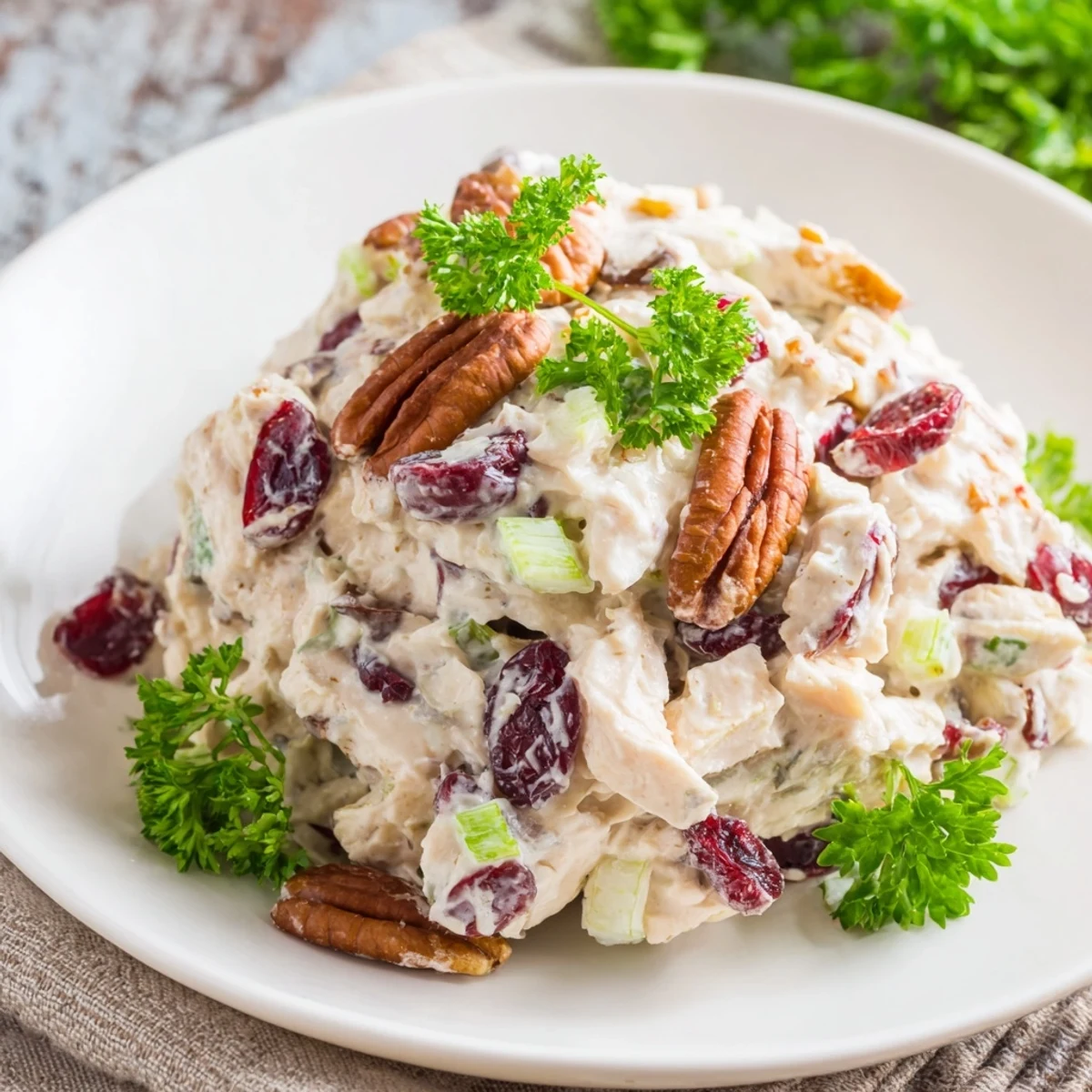 Close-up of cranberry pecan chicken salad sandwich featuring toasted nuts and sweet dried cranberries