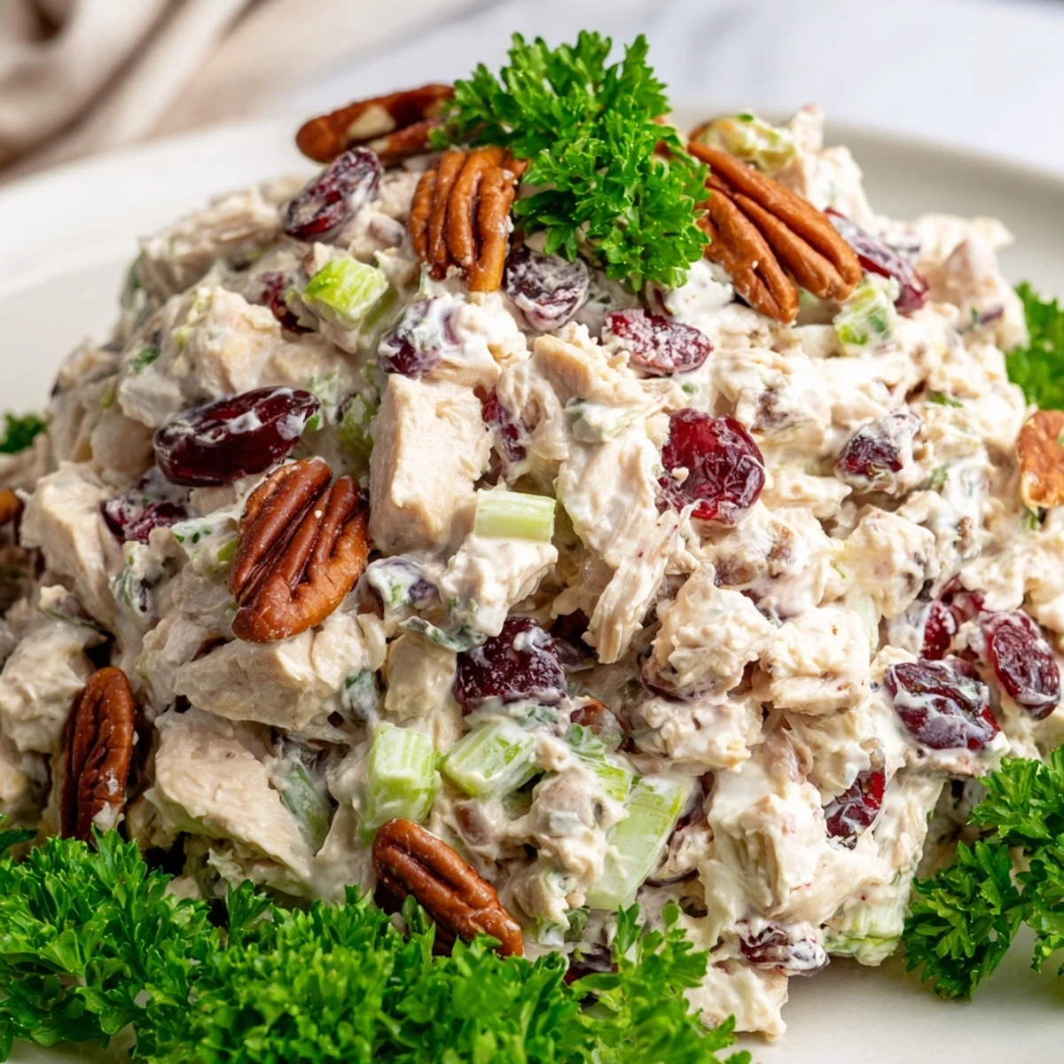 Rustic bowl of cranberry pecan chicken salad garnished with fresh parsley and green onions