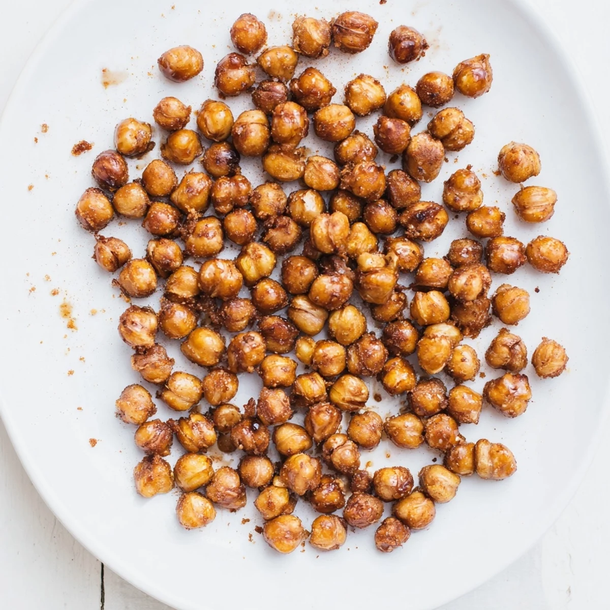 Golden brown cinnamon roasted chickpeas scattered on a white plate with visible spice coating