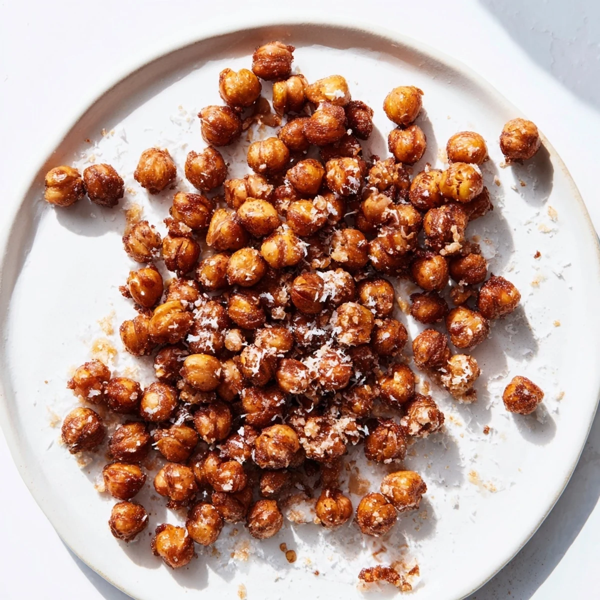 A bowl of crunchy cinnamon roasted chickpeas ready for healthy snacking with visible sugar coating