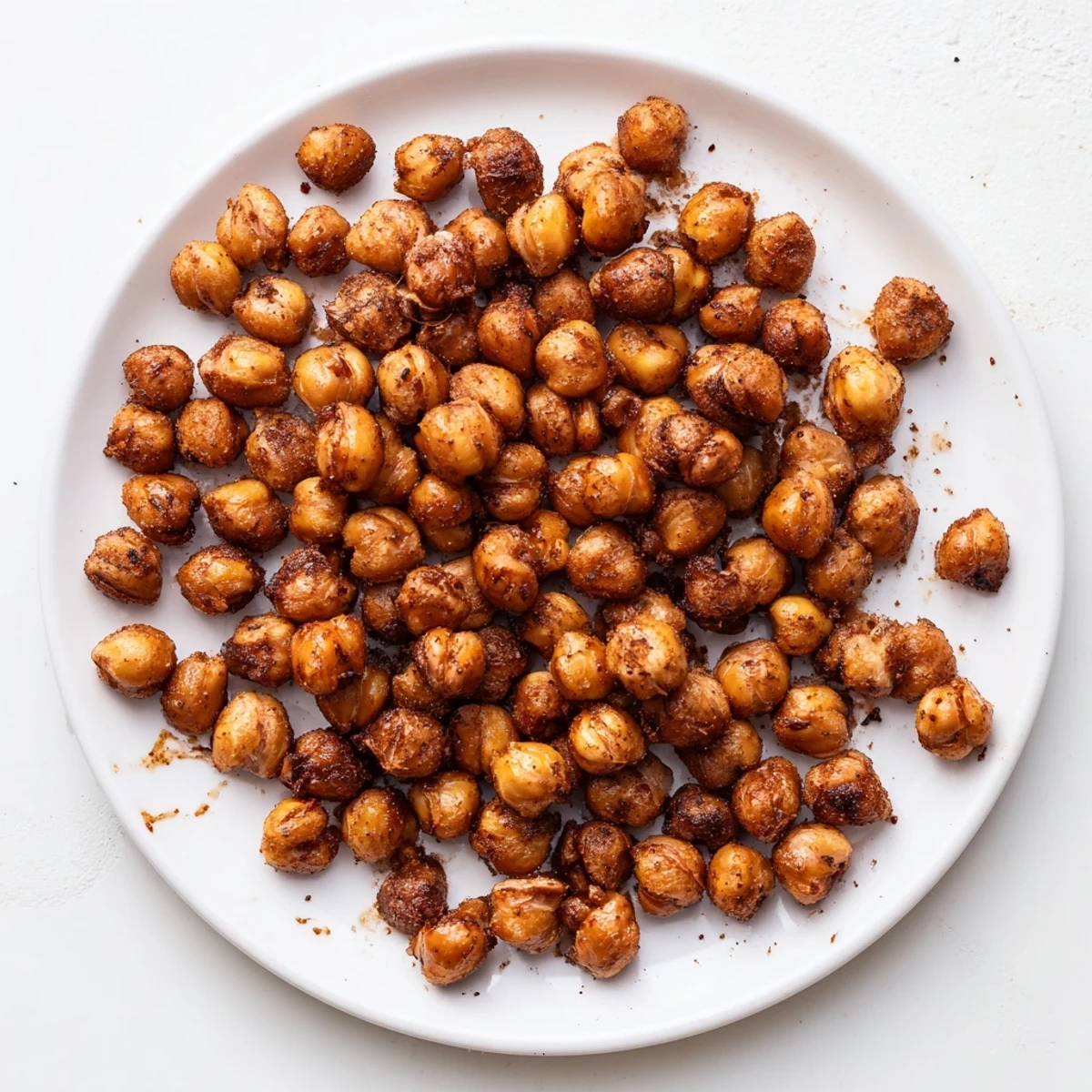 Crispy baked chickpeas tossed with cinnamon and sweet maple syrup cooling on parchment paper