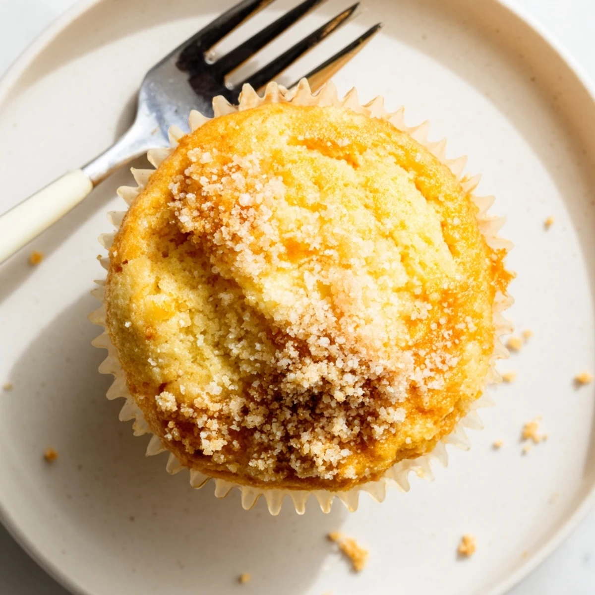Golden lemon cream cheese muffins topped with coarse sugar, cooling on a wire rack