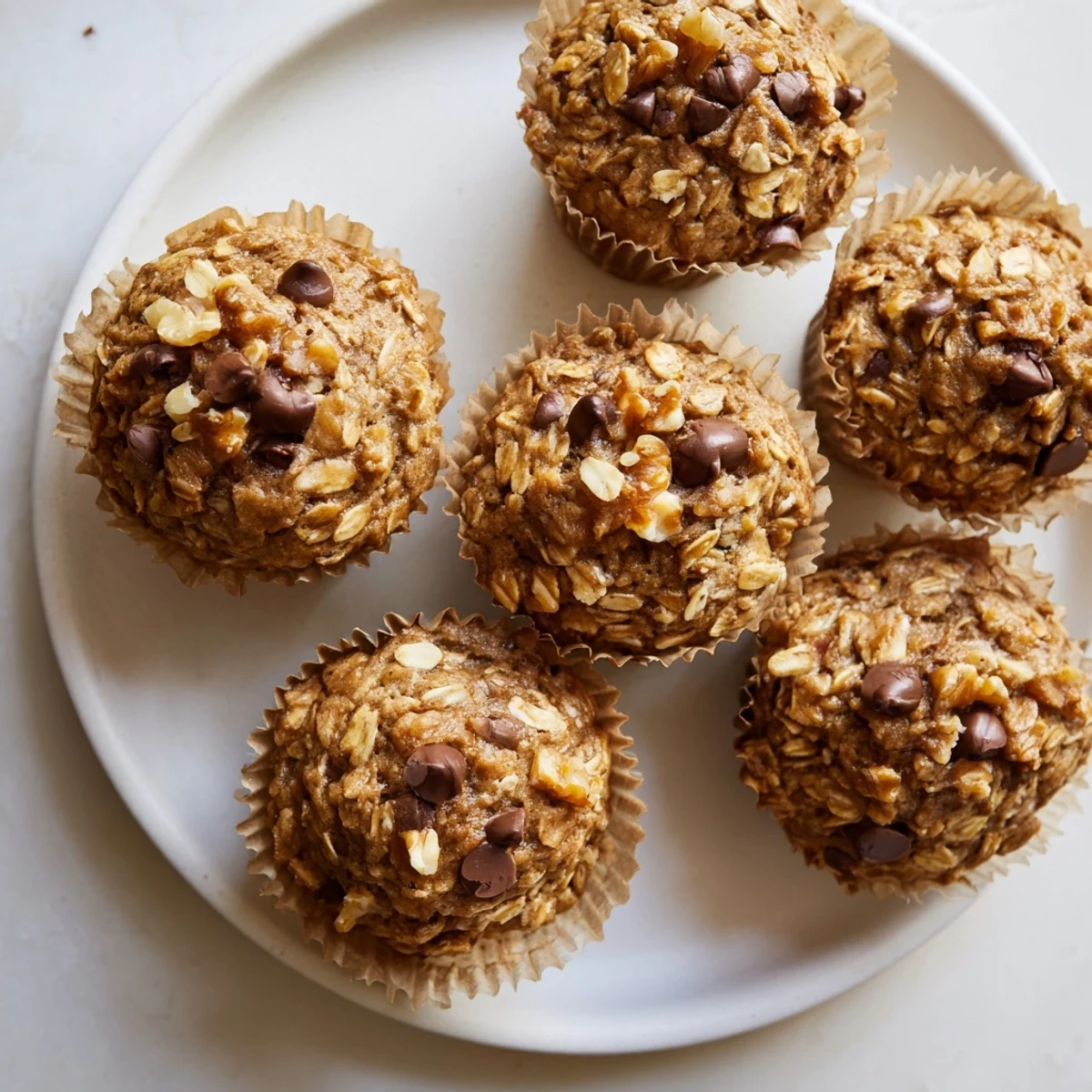 Golden brown banana oatmeal muffins topped with oats, fresh from the oven