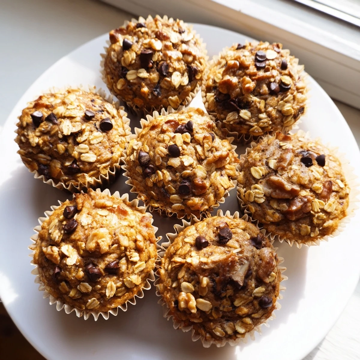 Moist banana oatmeal muffins stacked on a wire cooling rack ready for breakfast