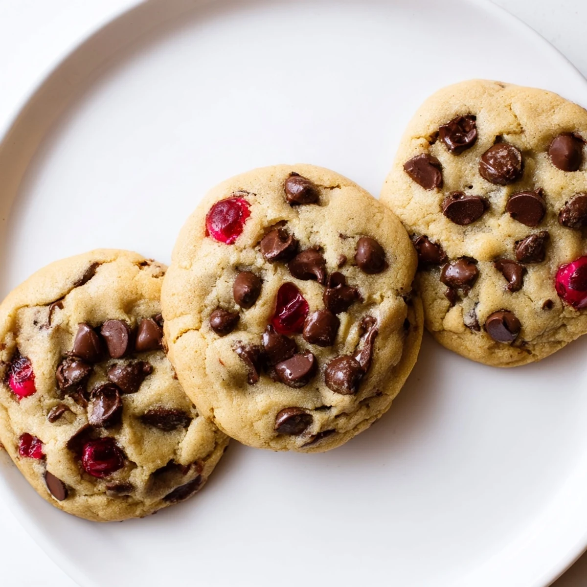 Soft golden maraschino cherry chocolate chip cookies on a white wire cooling rack