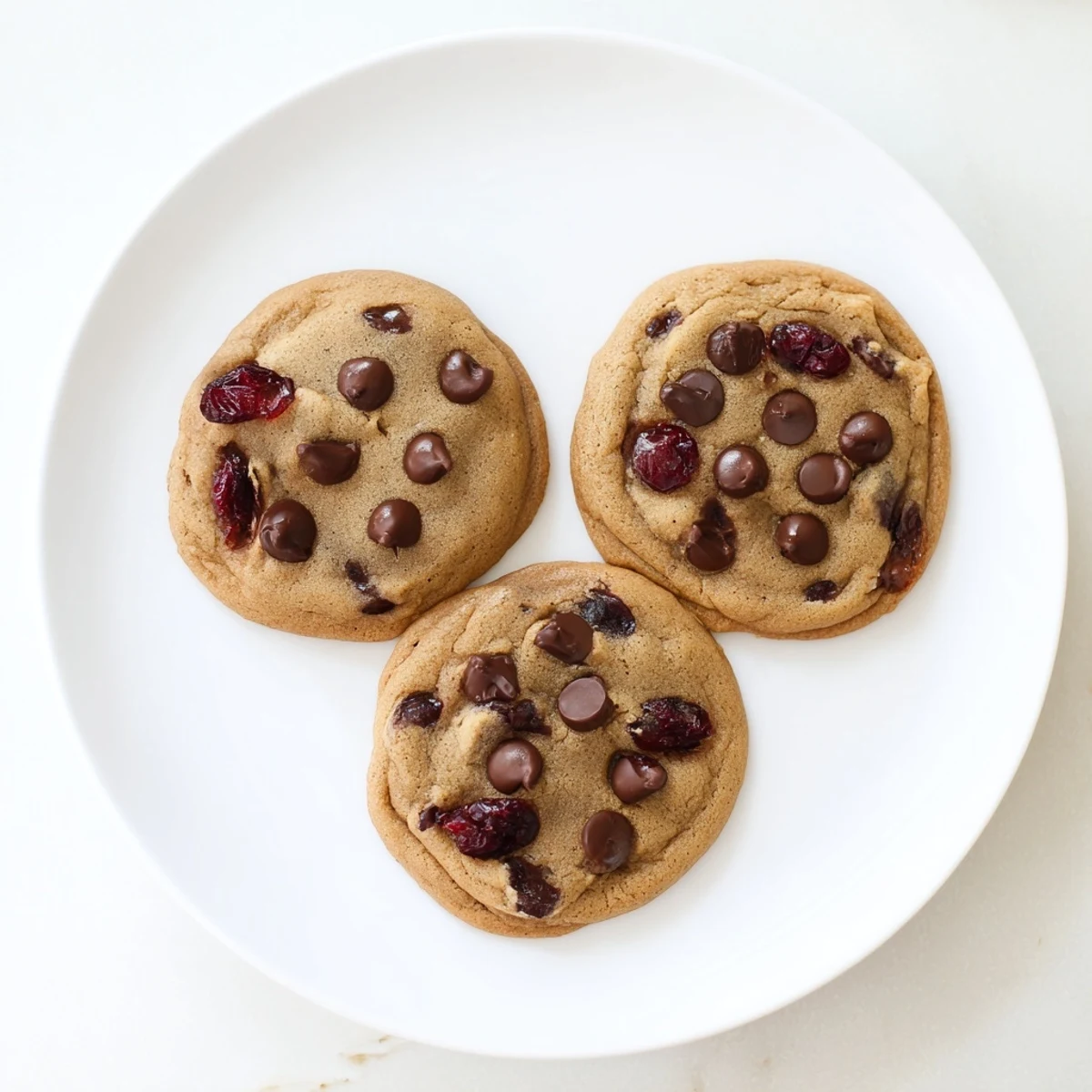 Stack of homemade maraschino cherry chocolate chip cookies served on a wooden cutting board