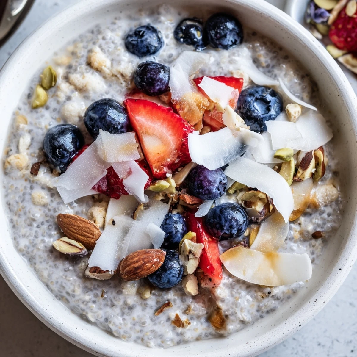 Creamy chia pudding recipes topped with fresh mixed berries and shredded coconut in glass jars