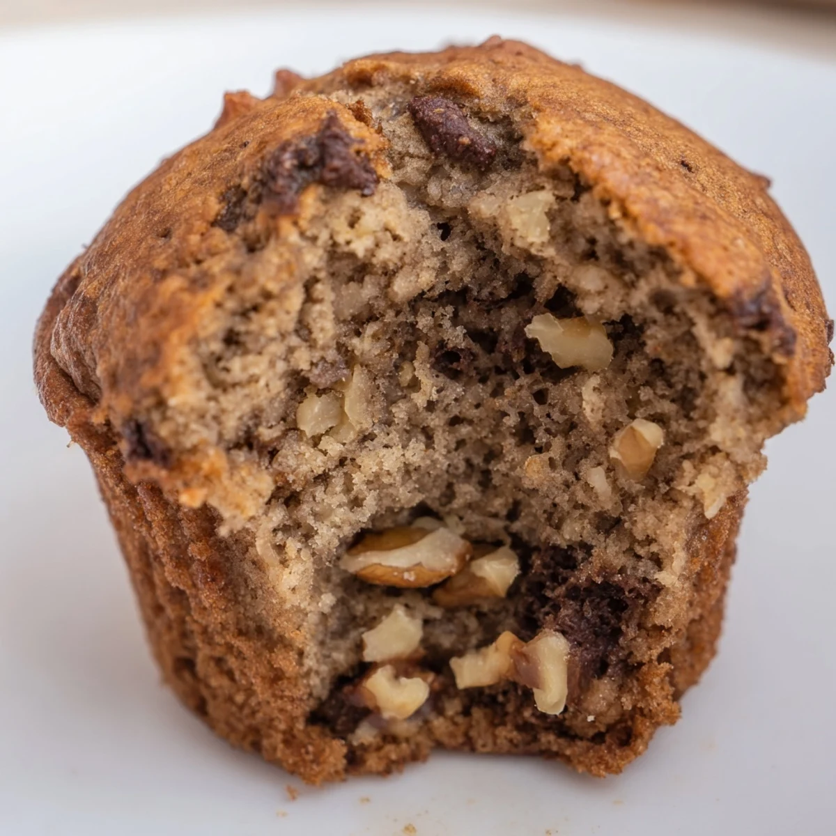 Freshly baked healthy banana nut muffins with moist texture and visible banana pieces inside