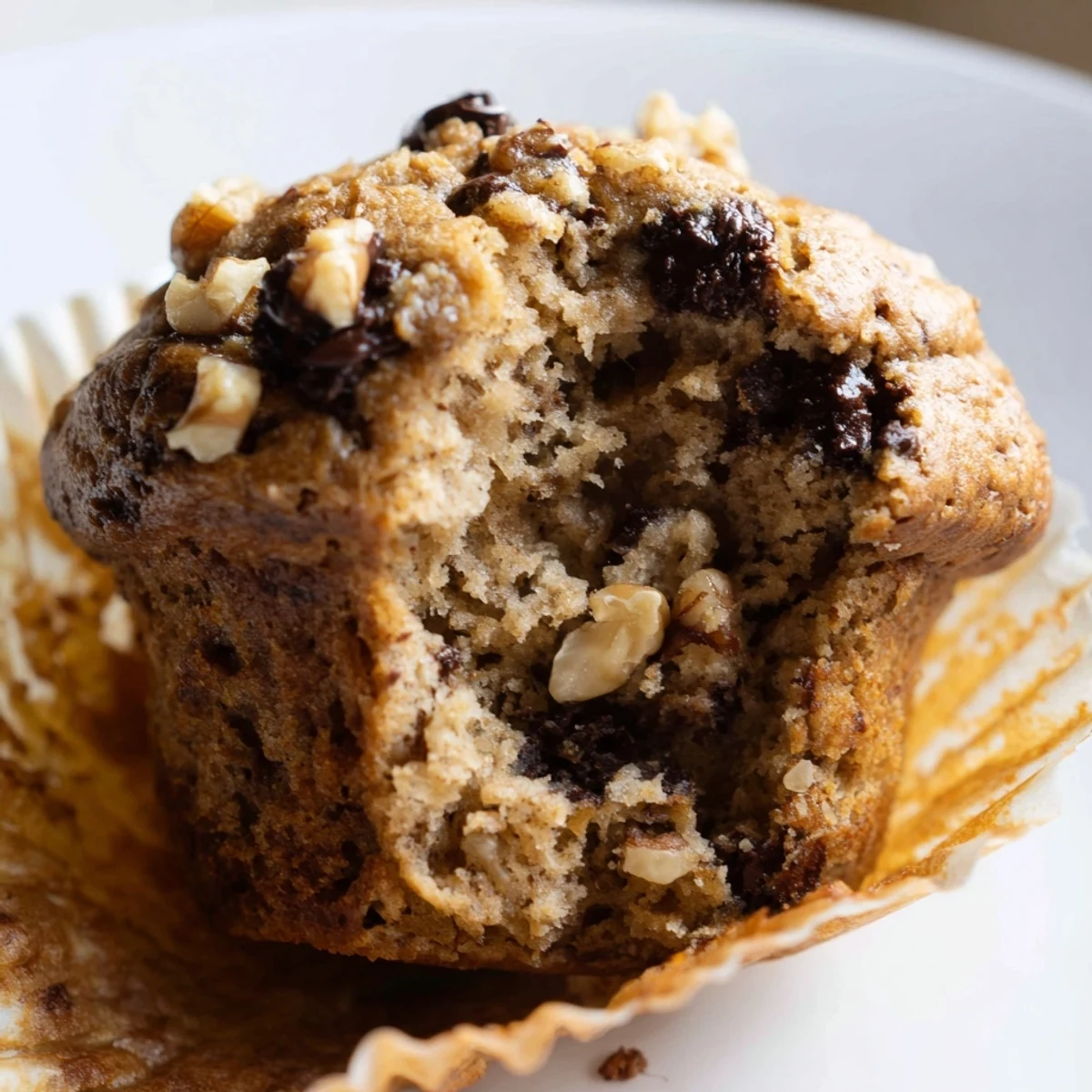 Golden brown healthy banana nut muffins topped with chopped walnuts on a wire cooling rack