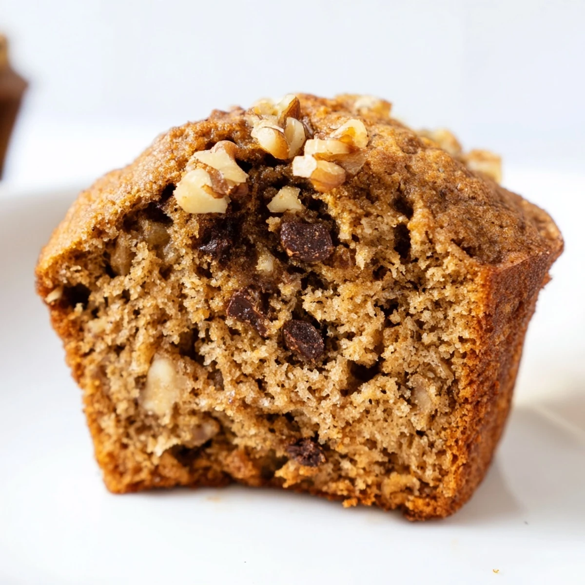 Batch of twelve healthy banana nut muffins sprinkled with pecans, cooling on parchment paper