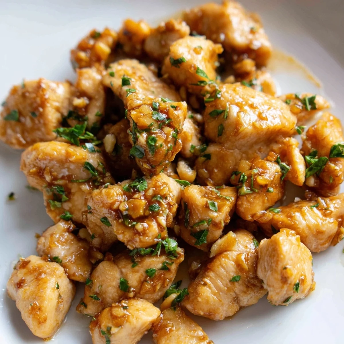 Golden pan-fried garlic butter chicken bites glistening with rich sauce and fresh parsley garnish