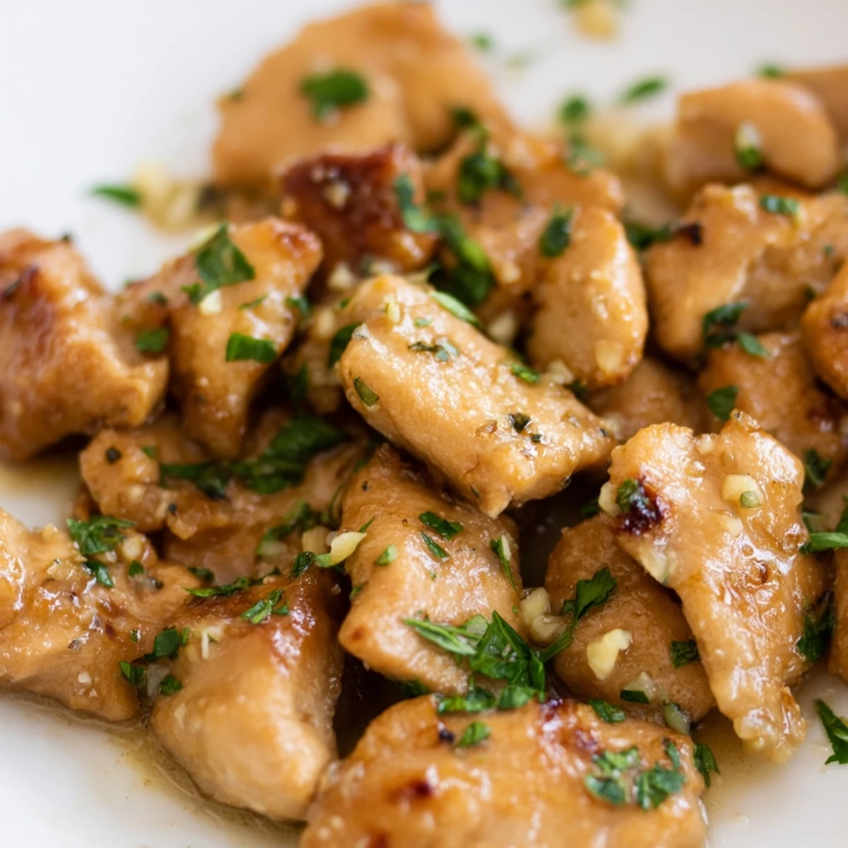 Tender bite-sized chicken pieces sizzling in melted garlic butter with golden crispy edges