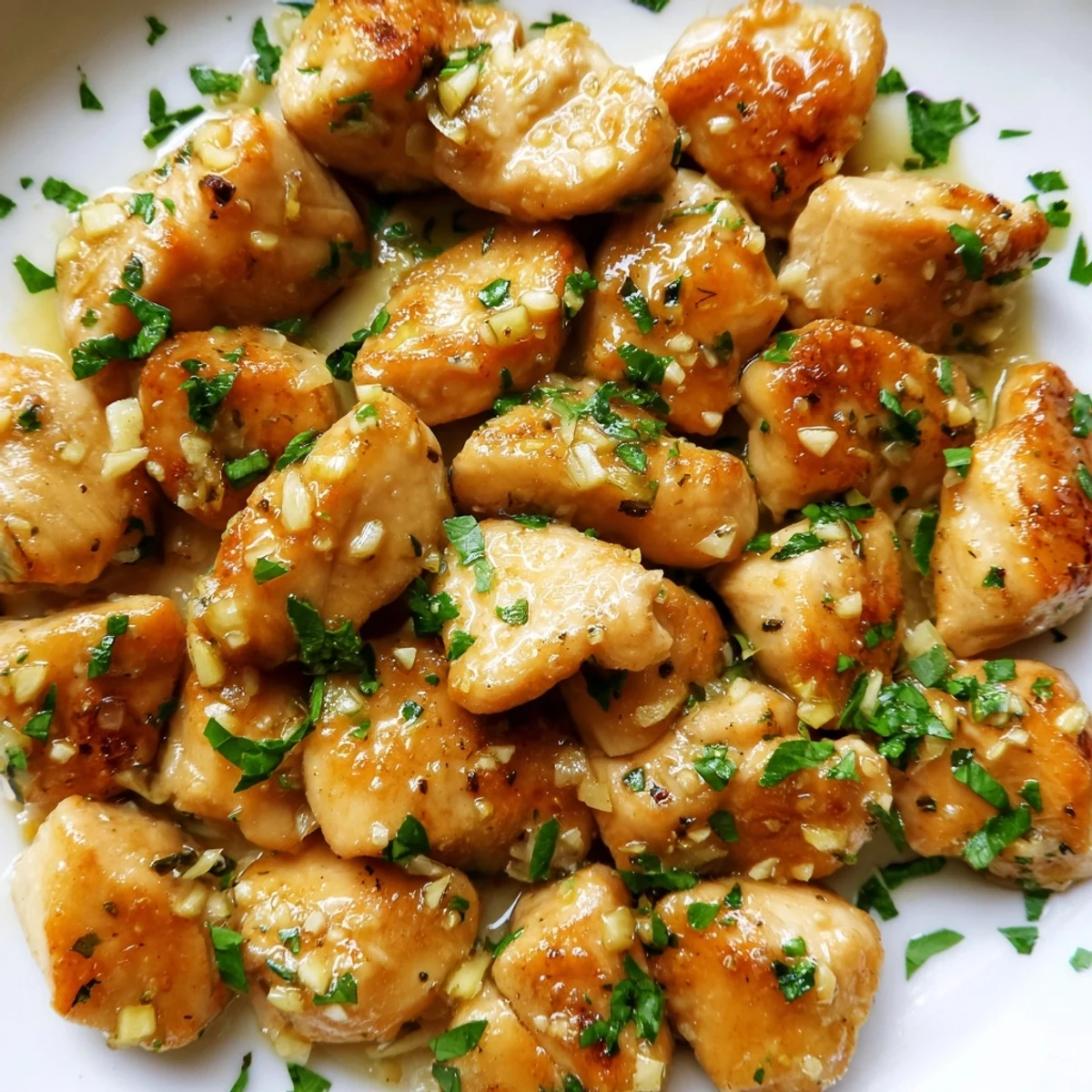 Plate of juicy garlic butter chicken bites topped with chopped parsley and served with lemon wedges