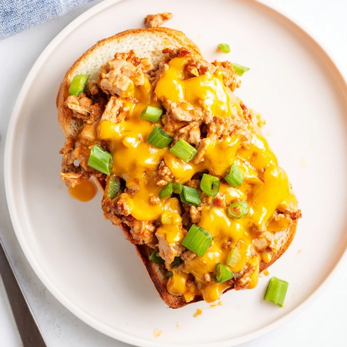 Golden Cajun chicken sloppy joes topped with melted cheddar cheese sauce on toasted brioche buns