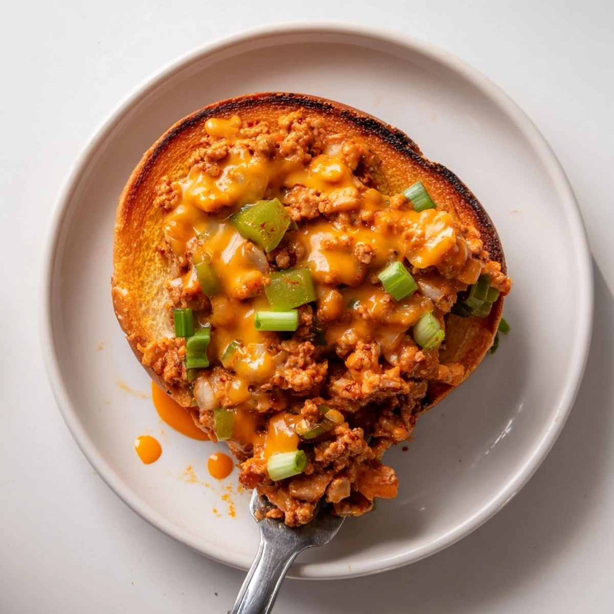 Heaping spoonfuls of Cajun-seasoned chicken drizzled with homemade cheese sauce on warm split buns with green onion garnish